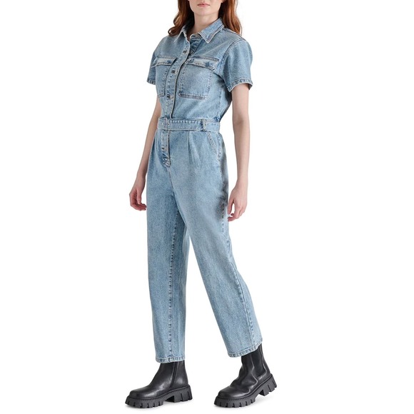 STEVE MADDEN Women's Medium Wash Denim Jumpsuit Belted Short Sleeve Size Small - Picture 2 of 7